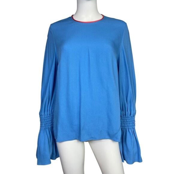 Roksanda Women's L Blue Crepe Bell Sleeve Long Sleeve Zip Blouse Top EUC - Picture 1 of 4